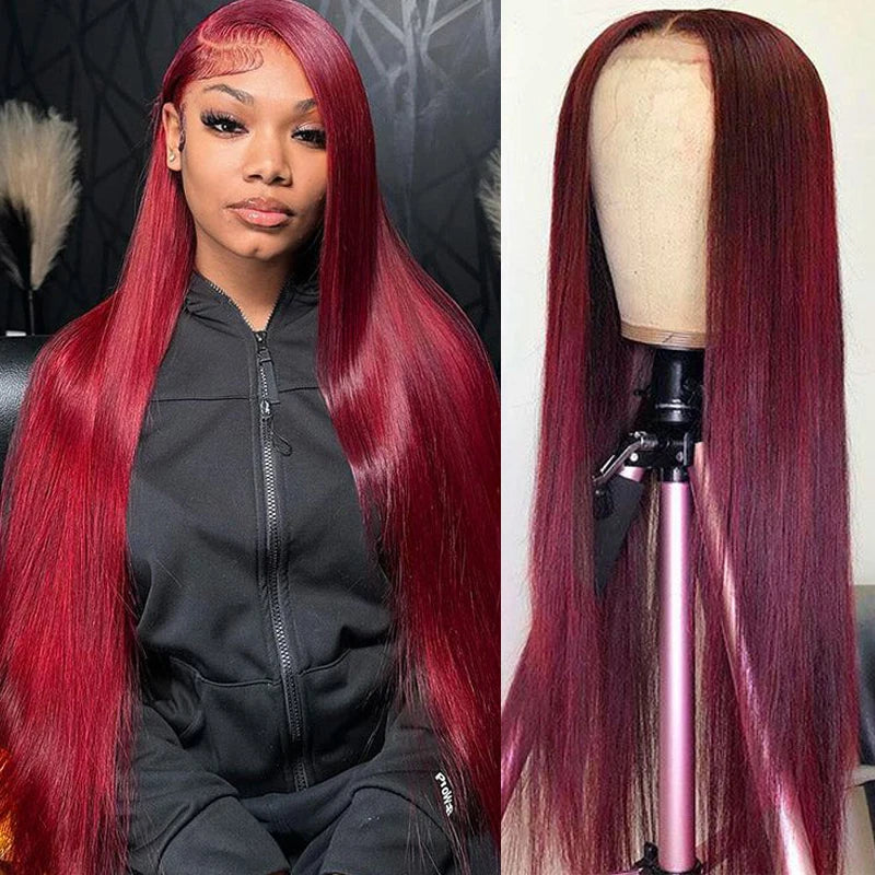 Burgundy Straight Lace Front Human Hair Wig for Women