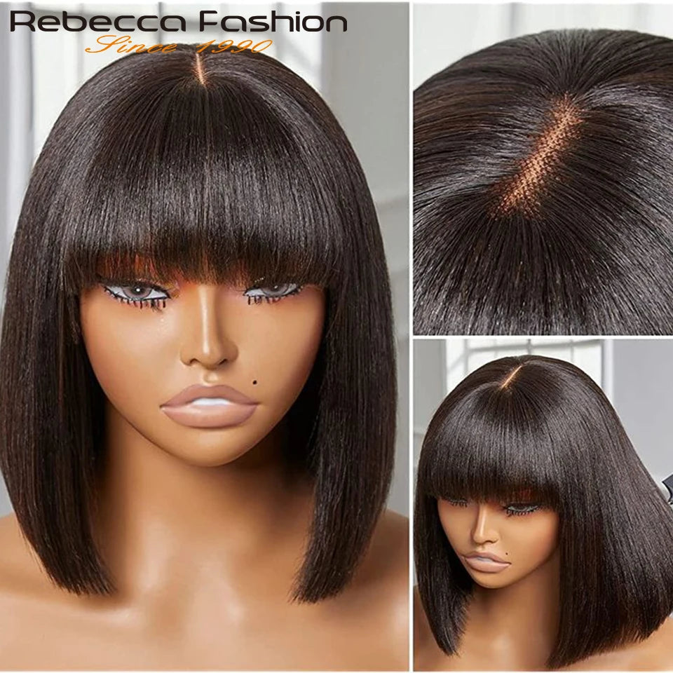 Straight Brazilian Human Hair Bob Wig With Bangs for Women