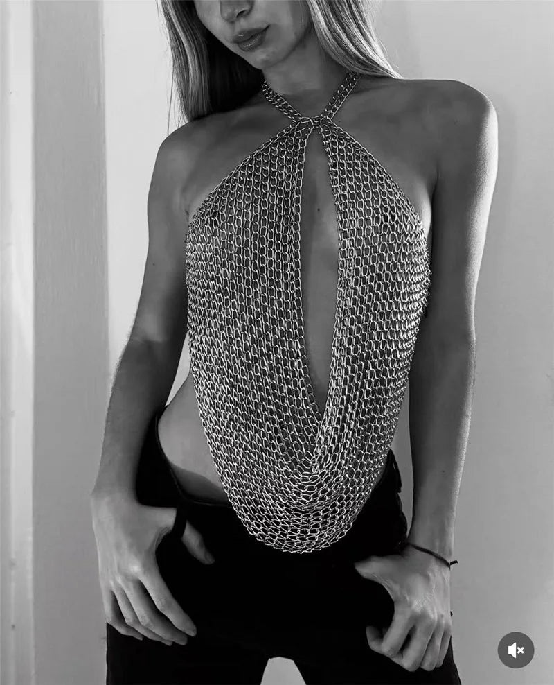 Festival Ready Silver Chainmail Halter Top For Women