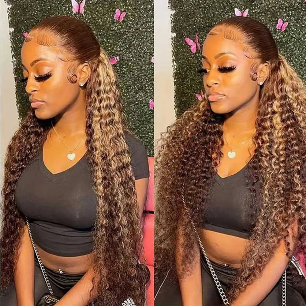Deep Wave Highlight Honey Blonde Lace Front Wig With Glueless Cap For Women
