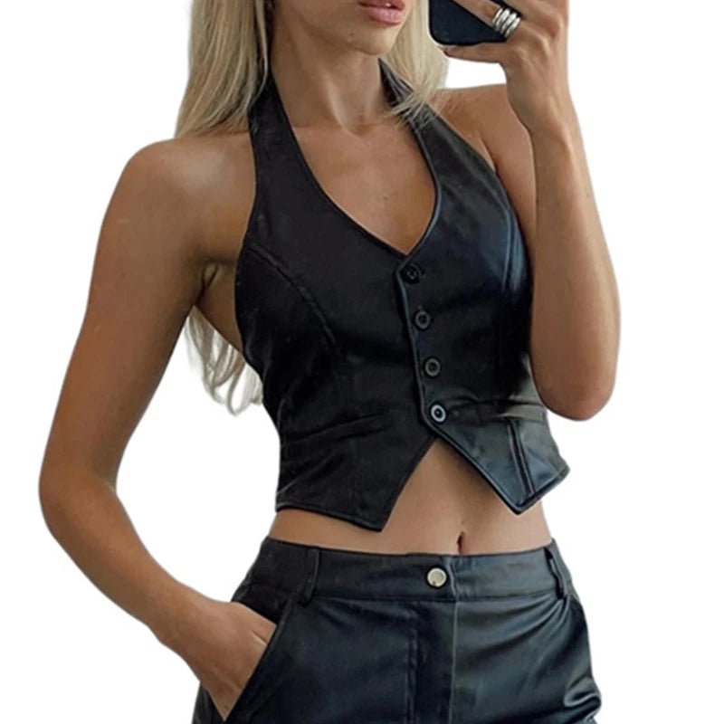 Vintage V Neck Button Up Sleeveless Vest for Women