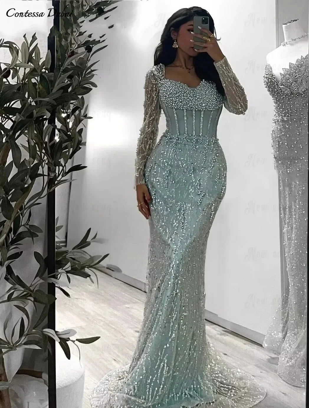 Contessa Dubai Custom Tulle long sleeves Prom Dress With Pearl Collar Vestido de gala Elegant Mermaid Formal evening event dress