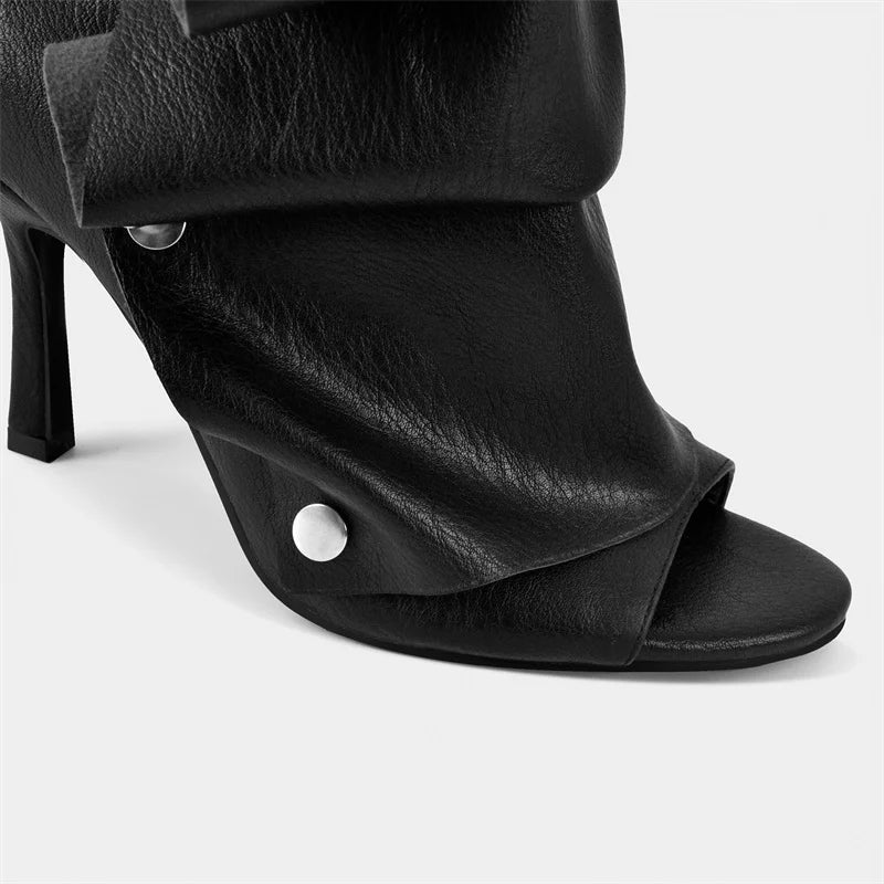 Pleated Plaid Ruched Peep Toe Ankle Boots for Women