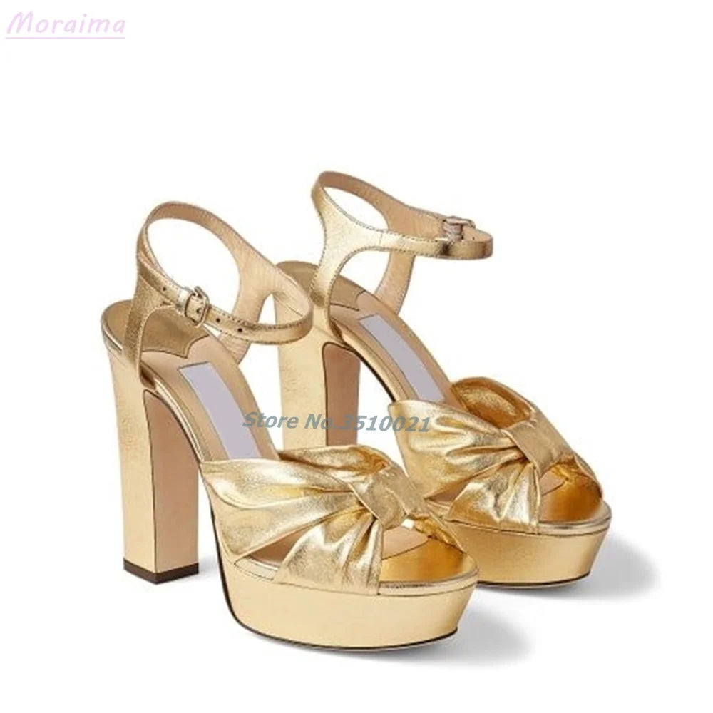 Peep Toe Mirror Leather Knotted Platform Sandals For Women