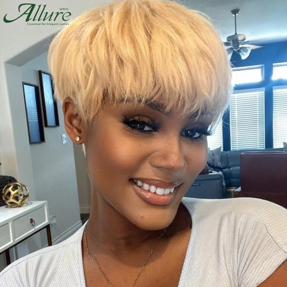 Glueless Short Blonde Pixie Cut Human Hair Wig for Women