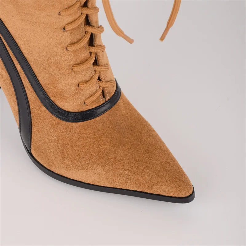 Pointed Toe Lace Up Stiletto Mid Calf Boots for Women