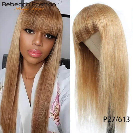 Honey Blonde Highlight Straight Human Hair Wig With Bangs for Women