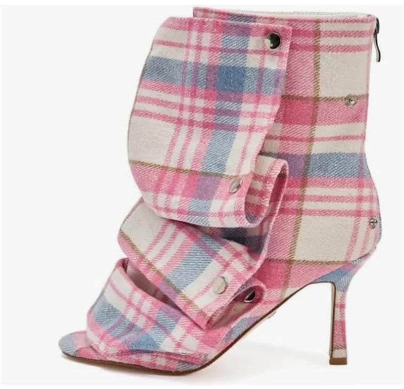 Pleated Plaid Ruched Peep Toe Ankle Boots for Women