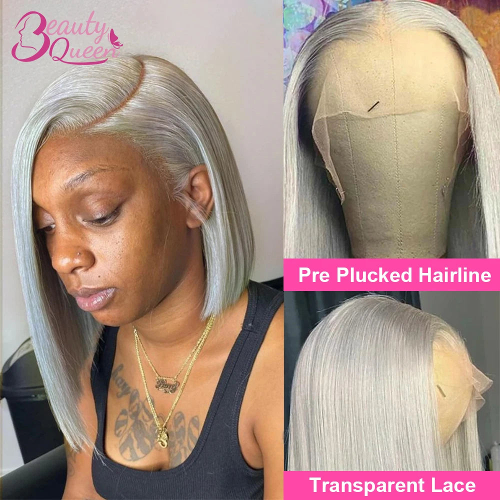 Grey Bob Human Hair Wigs Lace Front Silver Grey 13X4 Lace Frontal Bob Wig Pix Cut Straight Colored Human Hair Wigs 200% Density
