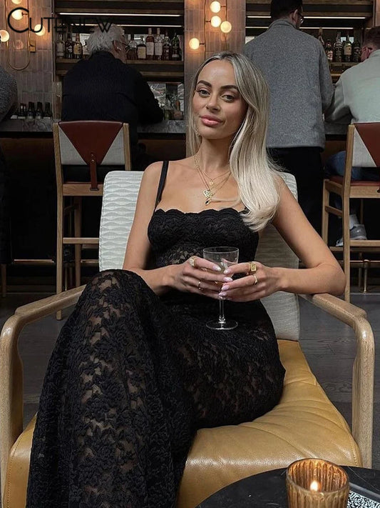 Cutenew Women's Elegant Black Lace Long Maxi Dress Elegant Backless Sleeveless Suspender Dress Summer Street Casual Vestidos