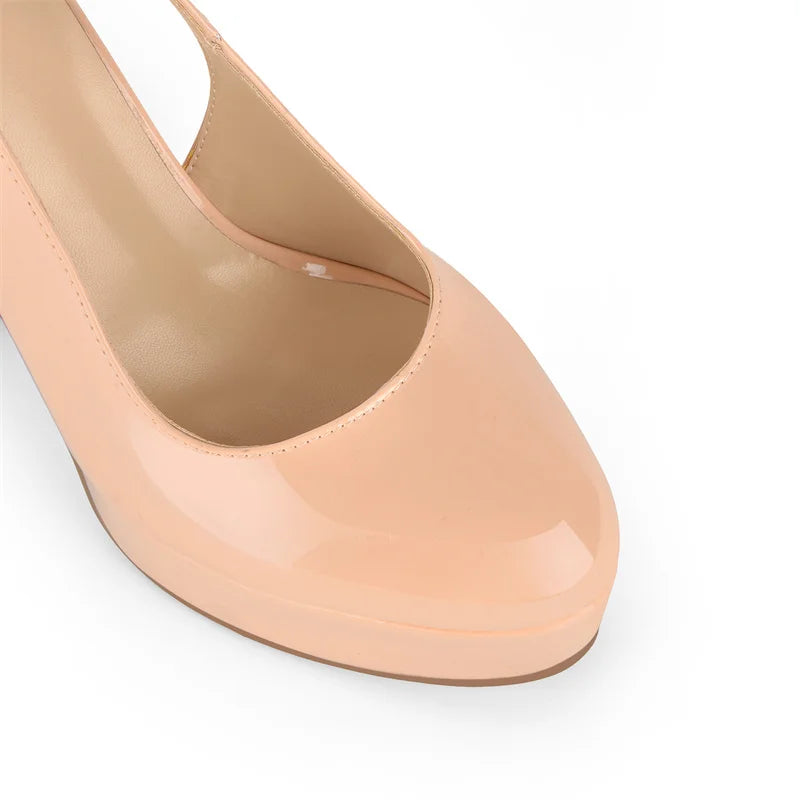 Round Toe Slingback Platform Patent Leather Pumps for Women
