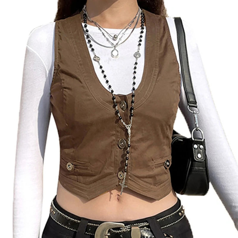 Vintage V Neck Button Up Sleeveless Vest for Women