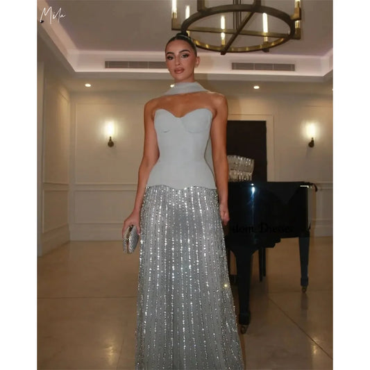 Mila Blue Strapless Sleeveless Customized Prom Dresses Detachable Shawl Floor-Length 15 Quinceanera Dresses Sheath Evening Dress