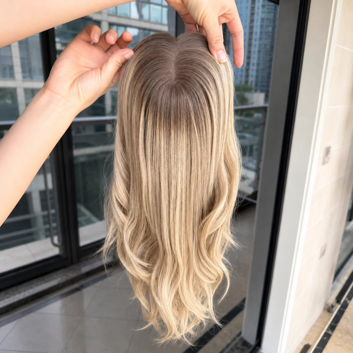 Natural Light Blonde Straight Human Hair Silk Top Wig for Women