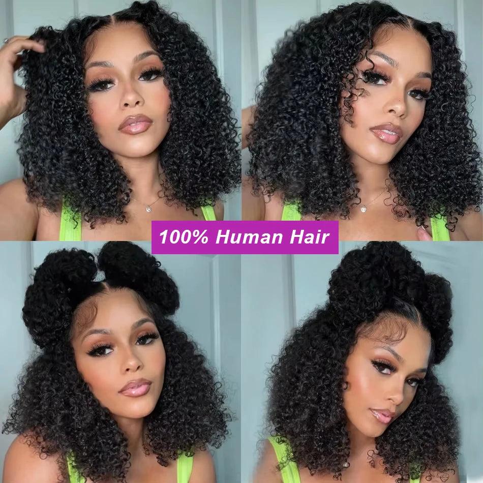 Kinky Curly Human Hair Glueless Lace Front Bob Wig for Women