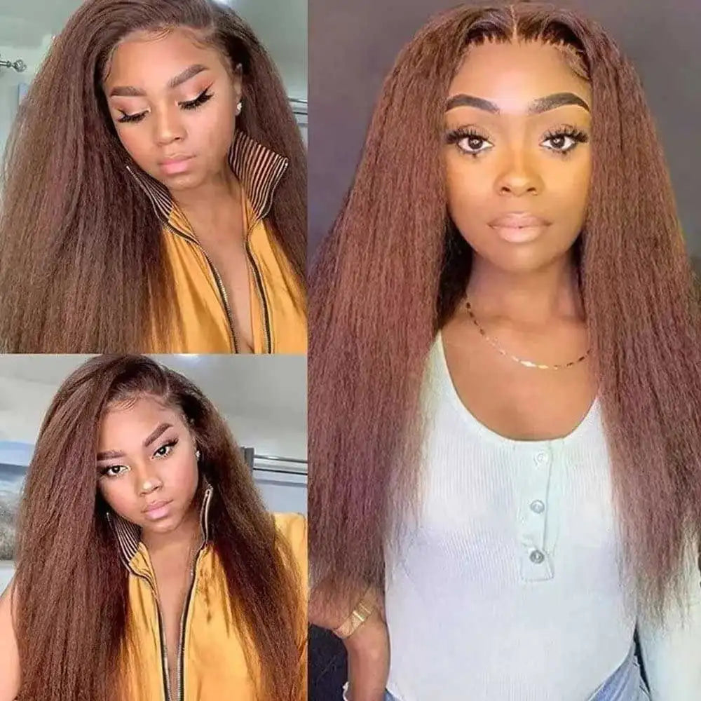 Chocolate Brown Kinky Straight Lace Front Human Hair Wig For Women