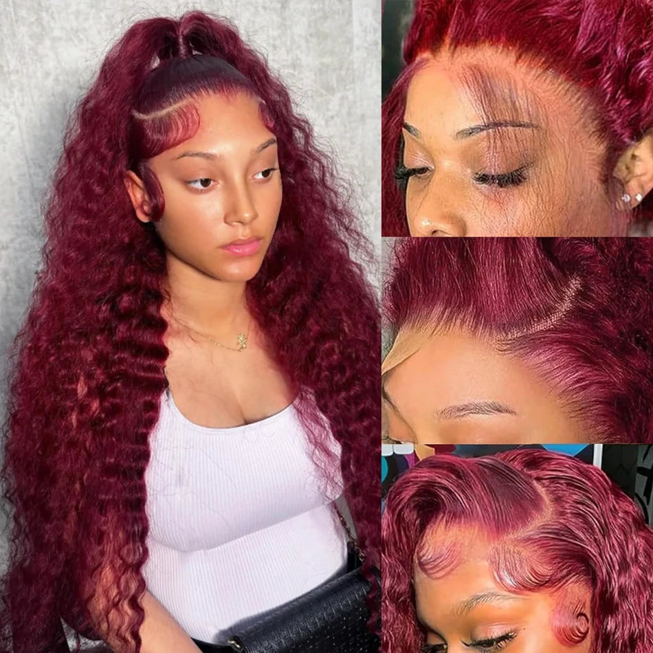 Burgundy Deep Wave Lace Front Brazilian Hair Wig for Women