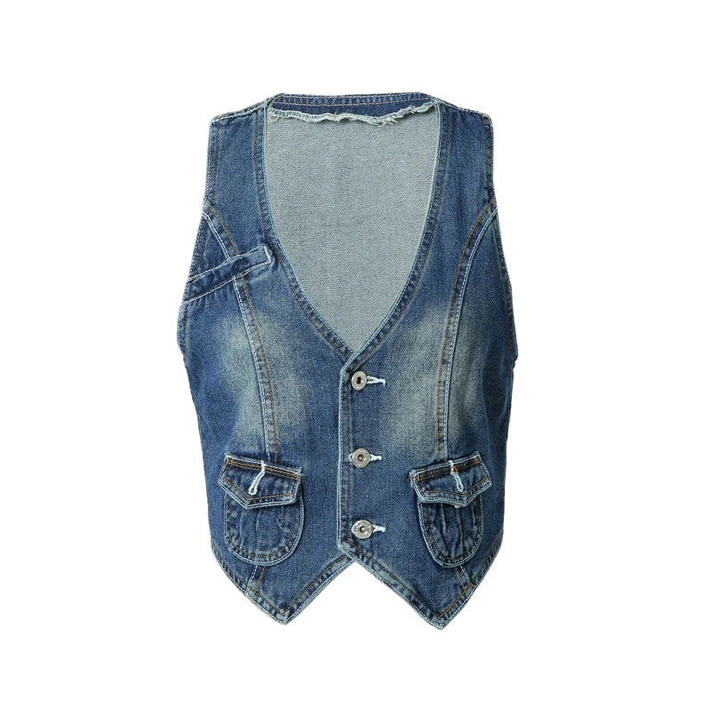 Vintage V Neck Button Up Sleeveless Vest for Women