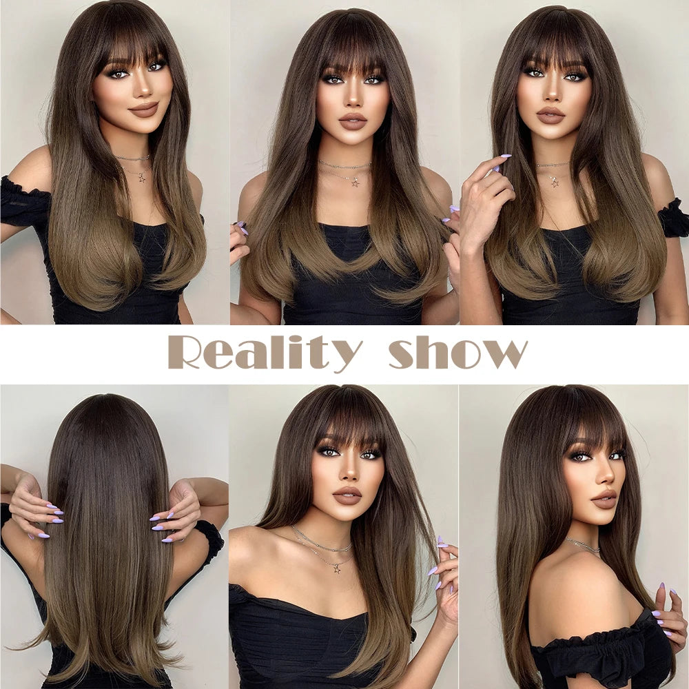 Heat Resistant Long Straight Ombre Bangs Wig for Women