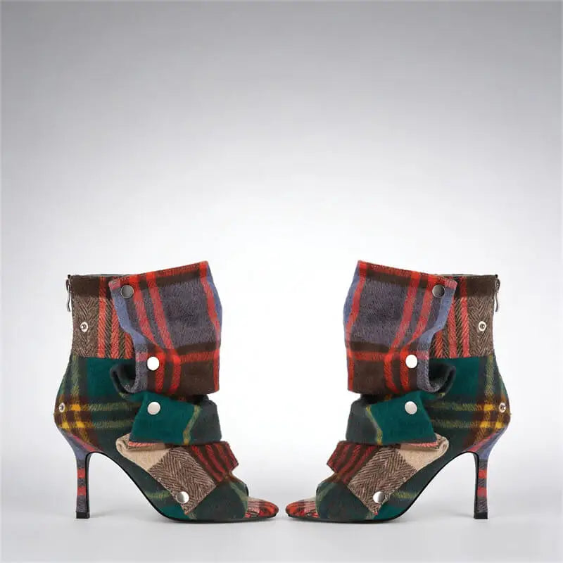 Pleated Plaid Ruched Peep Toe Ankle Boots for Women