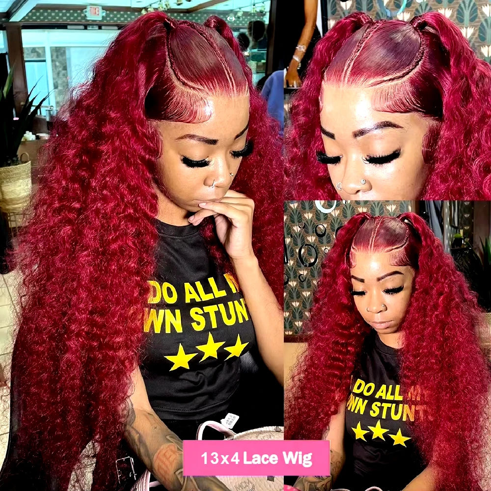 Burgundy Deep Wave Lace Front Brazilian Hair Wig for Women