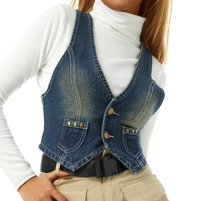 Vintage V Neck Button Up Sleeveless Vest for Women