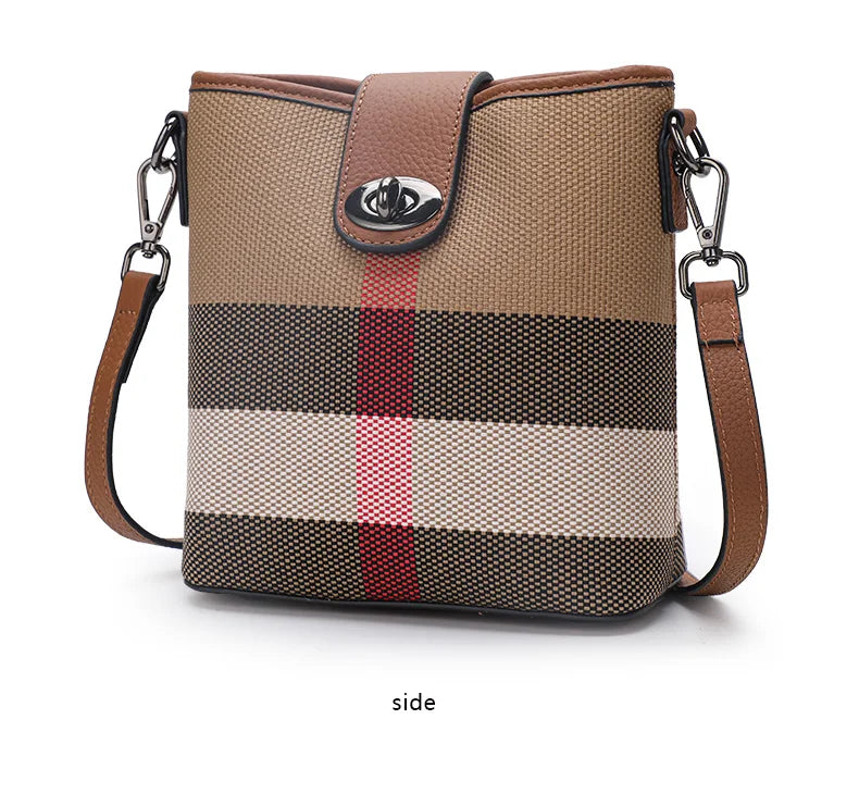Elegant Plaid Genuine Leather Bucket Bag for Women