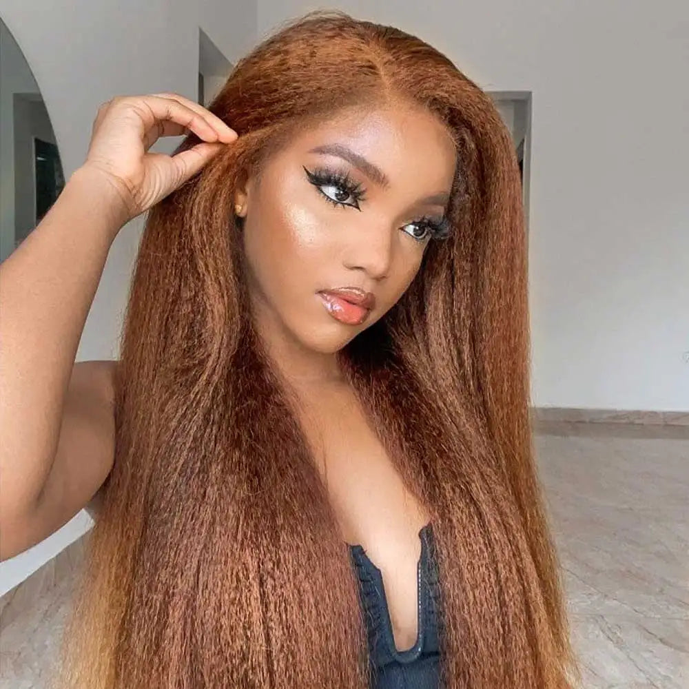 Chocolate Brown Kinky Straight Lace Front Human Hair Wig For Women
