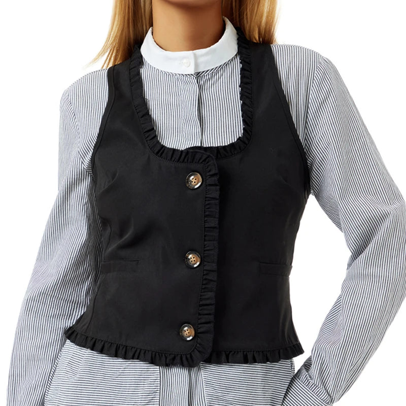 Vintage V Neck Button Up Sleeveless Vest for Women