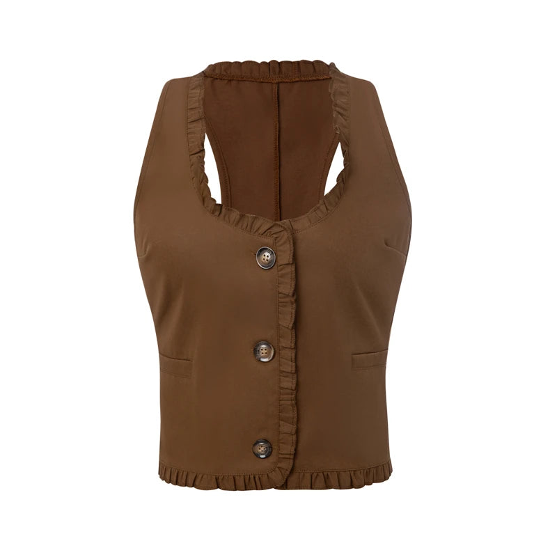Vintage V Neck Button Up Sleeveless Vest for Women