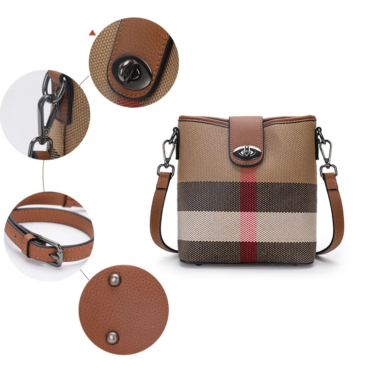 Elegant Plaid Genuine Leather Bucket Bag for Women