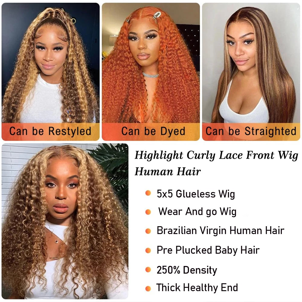 Honey Blonde Deep Wave Lace Front Human Hair Wig for Women