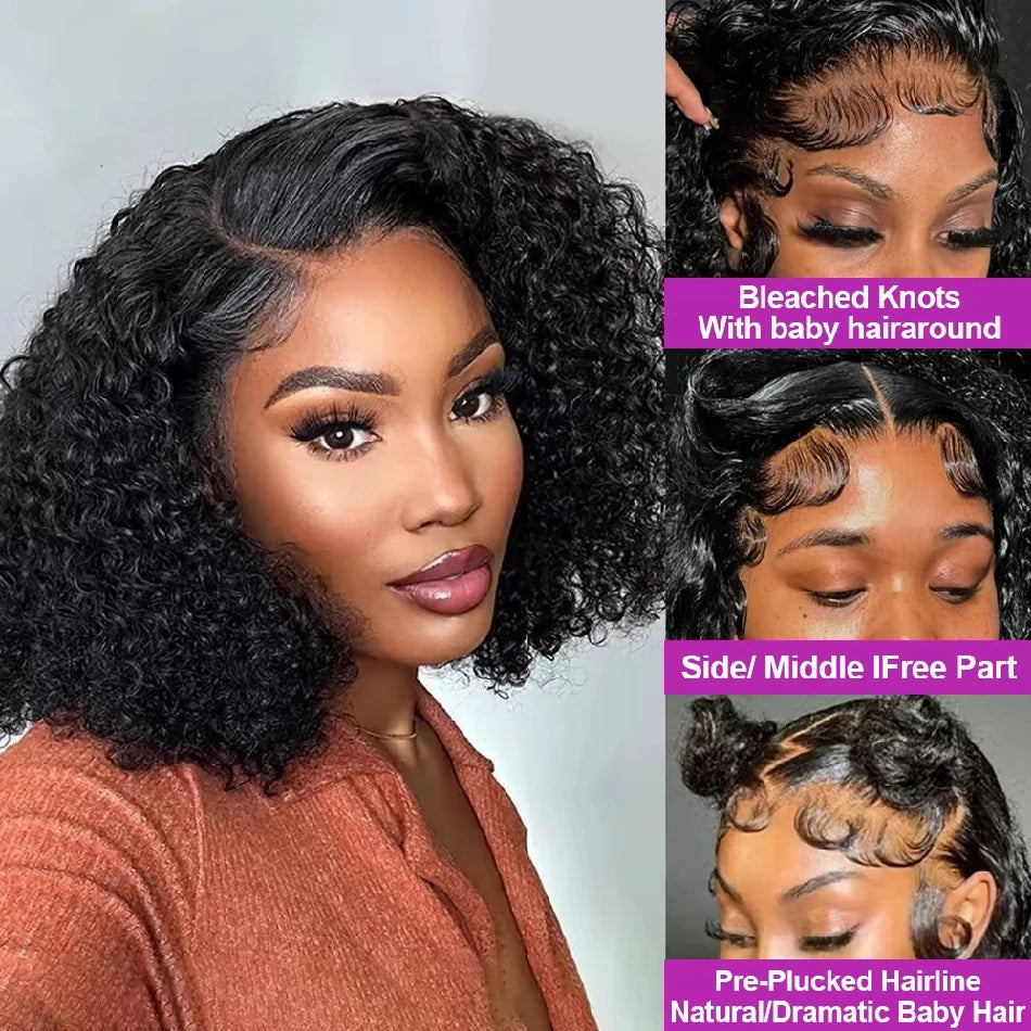 Kinky Curly Human Hair Glueless Lace Front Bob Wig for Women