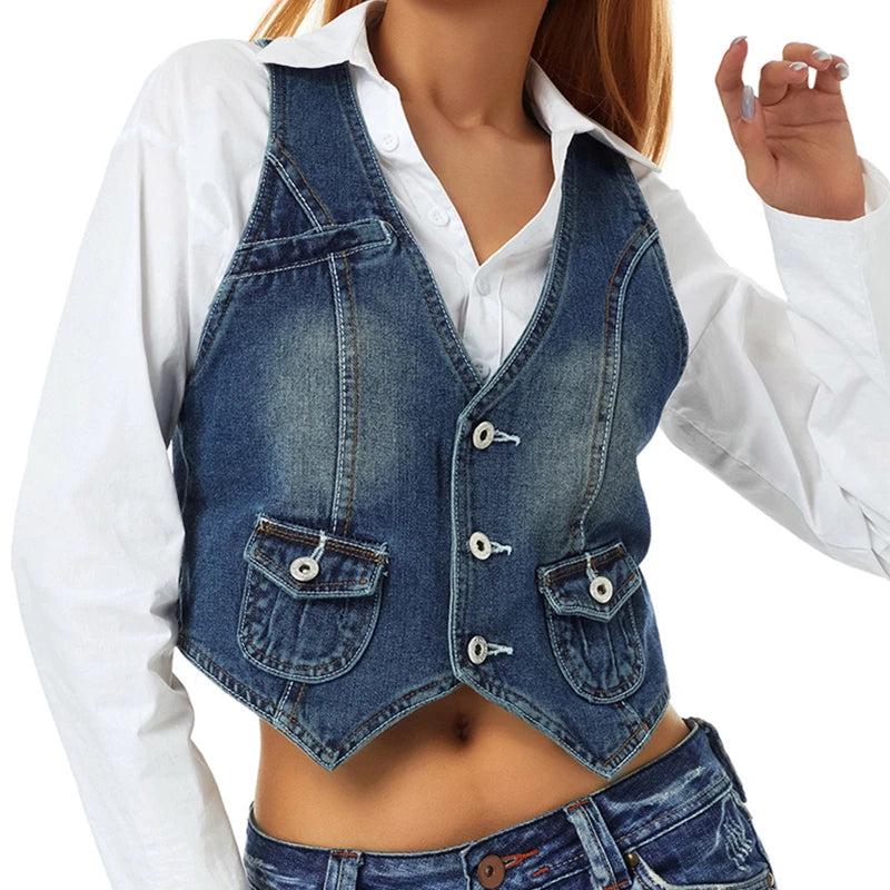 Vintage V Neck Button Up Sleeveless Vest for Women