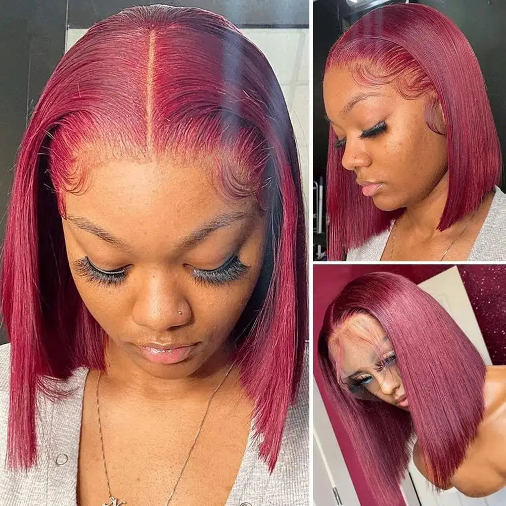 Burgundy Straight Human Hair Bob Wig