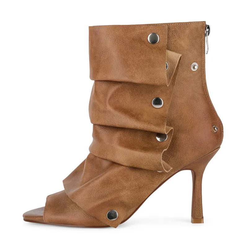 Pleated Plaid Ruched Peep Toe Ankle Boots for Women