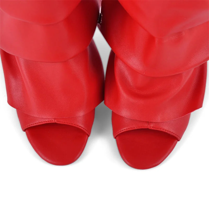 Pleated Plaid Ruched Peep Toe Ankle Boots for Women