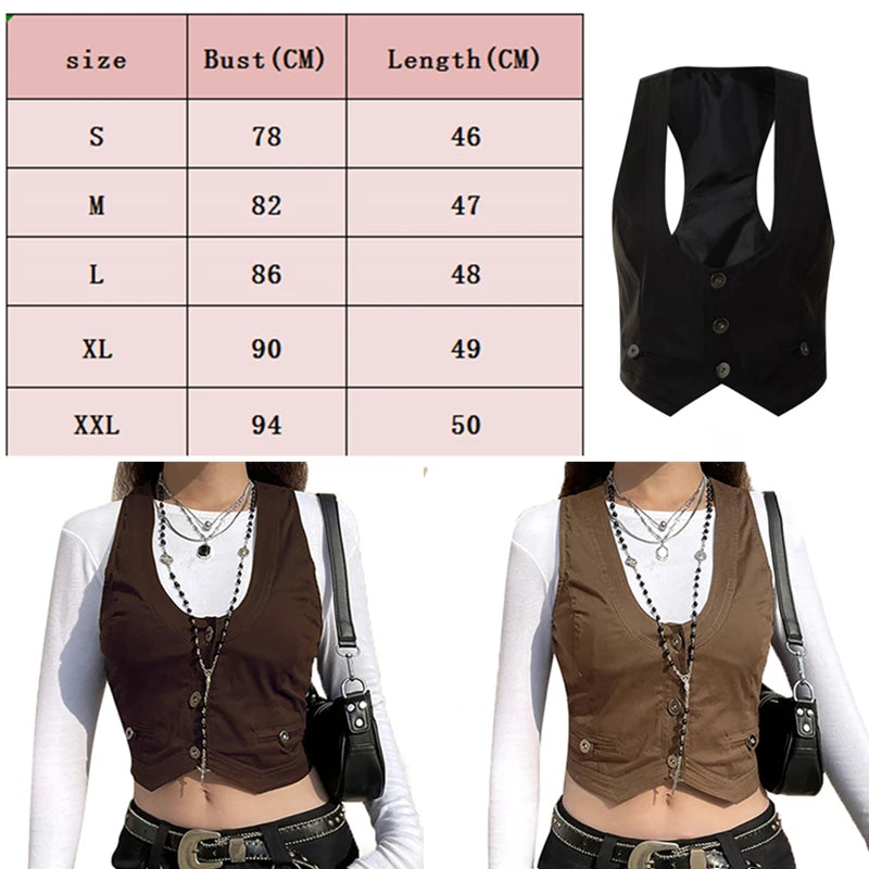 Vintage V Neck Button Up Sleeveless Vest for Women