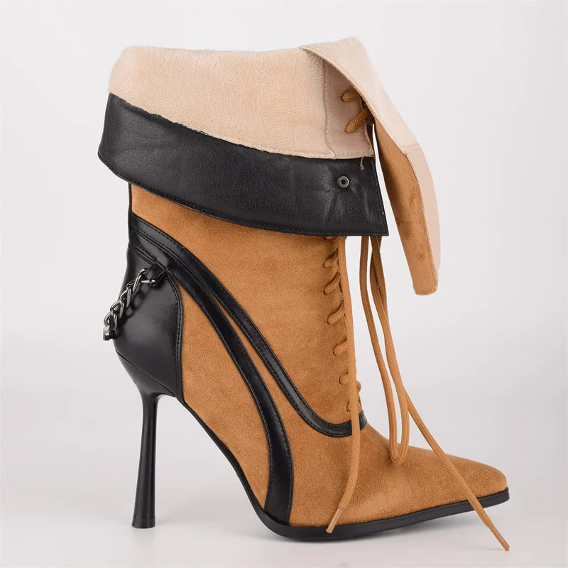 Pointed Toe Lace Up Stiletto Mid Calf Boots for Women