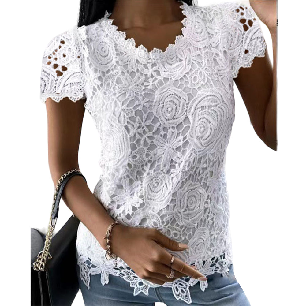 Womens Lace Round Neck Tops T-Shirts Ladies Summer Casual Short Sleeve Blouse Pullover Fashion Clothing For