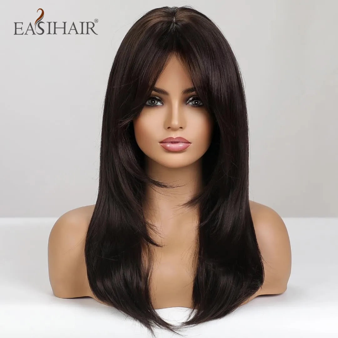 Dark Brown Synthetic Layered Wig With Bangs for Women