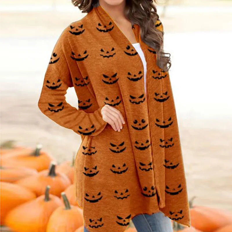 Skull Pumpkin Print Open Front Long Cardigan for Women