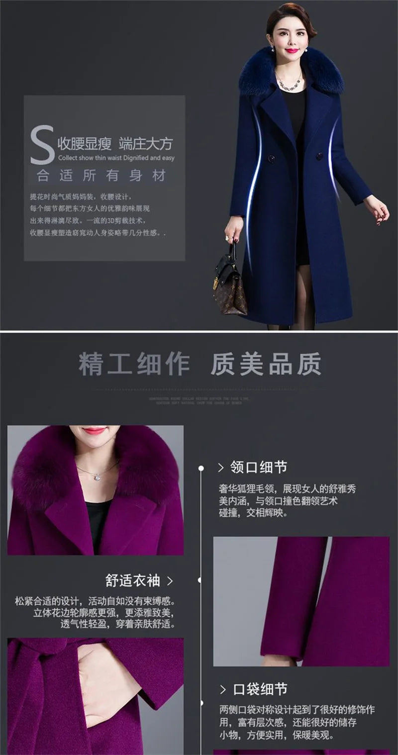 High Quality Big Fur Collar Woolen Coat Women Belt Knee-Length Double Breasted Mid-Long Woolen Jacket For Autumn Winter Outcoat