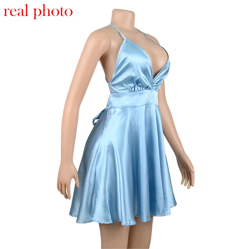 Cryptographic Satin Sexy Backless Sleeveless Party Night Club Wrap Mini Dresses Spaghetti Straps Elegant Dress Solid Vestidos