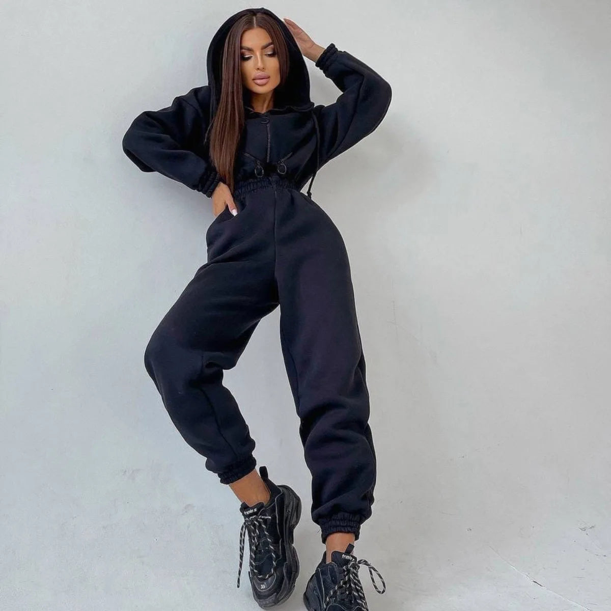 Casual Long Sleeve Hooded Jumpsuit With Pockets for Women