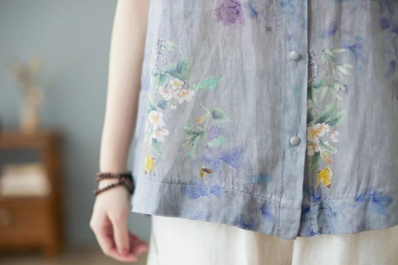 Relaxed Fit Floral Print Cotton Linen Short Sleeve Shirt for Women