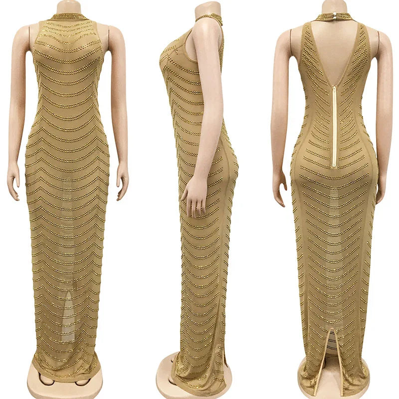 Backless Crystal Rhinestone See Through Bodycon Maxi Dress for Women