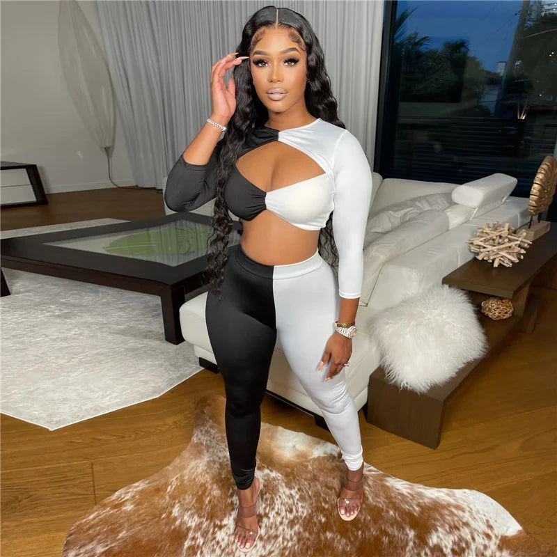 Color Block Patchwork Two Piece Set Women Cut Out Crop Top and Pants Leggings Club Outfits for Women Matching Sets Tracksuit