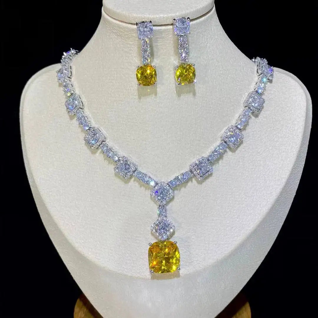 Square Rhinestone Bright Yellow Green Drop Earring Necklace Set For Women