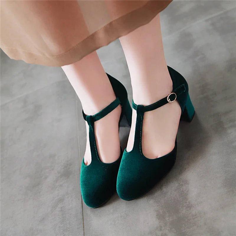 Velvet T Strap Square Heel Mary Janes